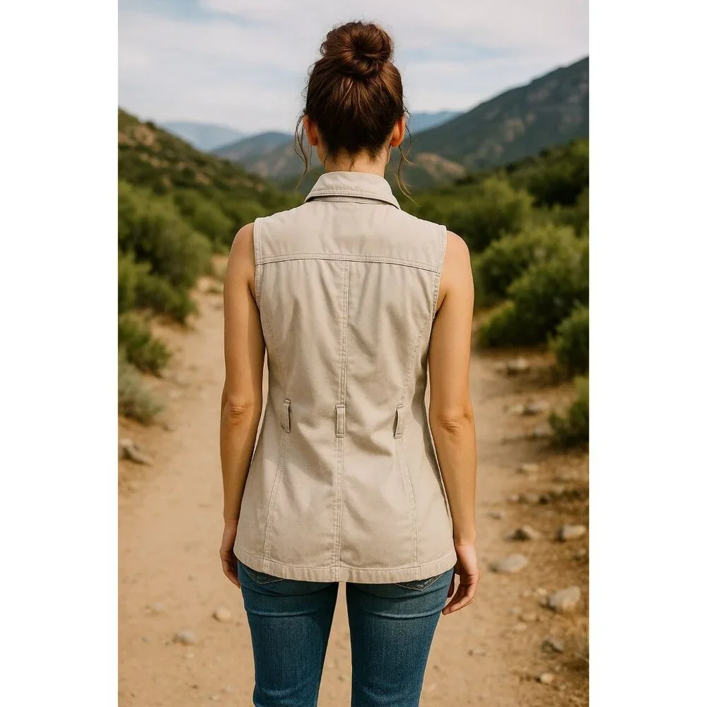 907 Company Small Utility Travel Vest Neutral Cotton Zip Front Functional - Picture 4 of 10